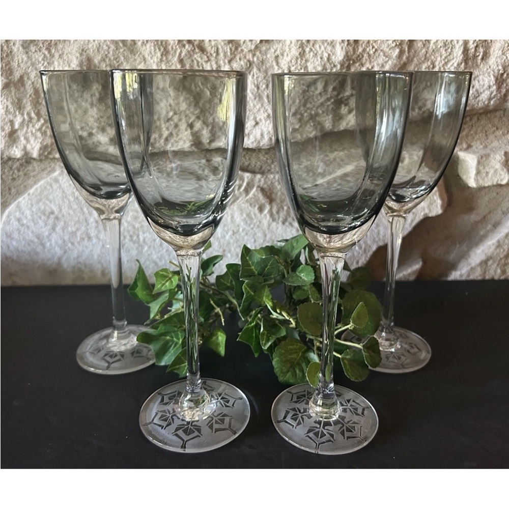 4 Vtg Smoke Gray Square Wine‎ Water Glasses Etched Frosted Snowflake Base EC